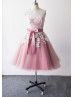 Ivory Lace Mauve Tulle V Back Knee Length Classic Bridesmaid Dress